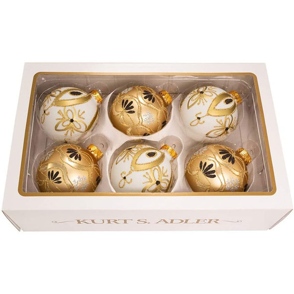 Kurt Adler Glass Ball Ornaments, Gold and White, 6-Piece Set