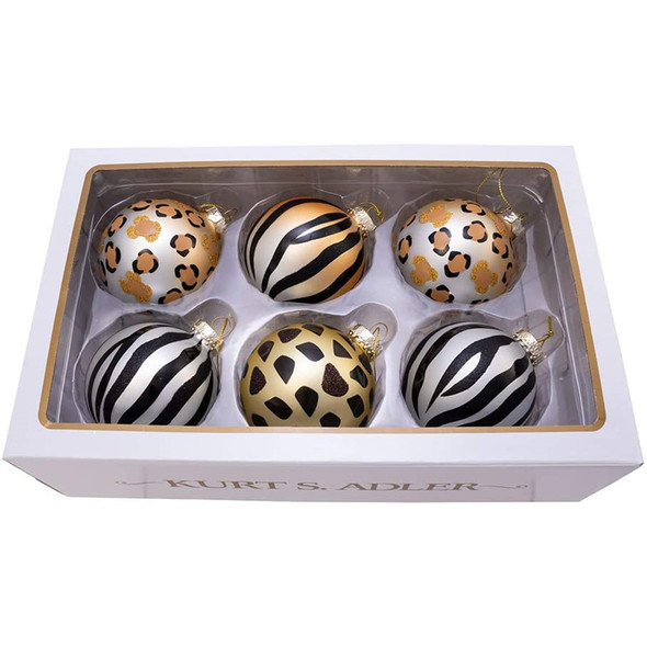 Kurt Adler Glass Ball Ornaments, Animal Print, Gold, Silver and Black, 6-Piece Set