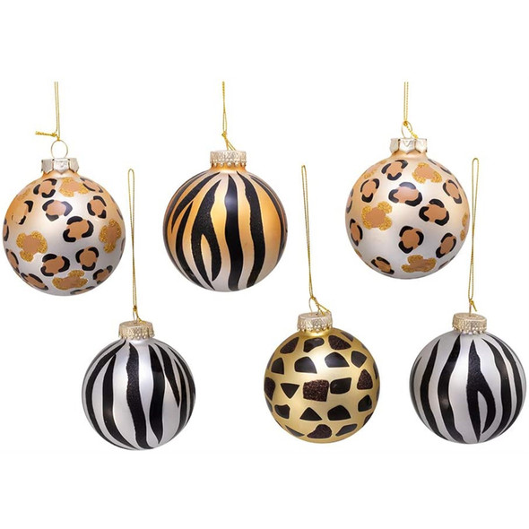 Kurt Adler Glass Ball Ornaments, Animal Print, Gold, Silver and Black, 6-Piece Set