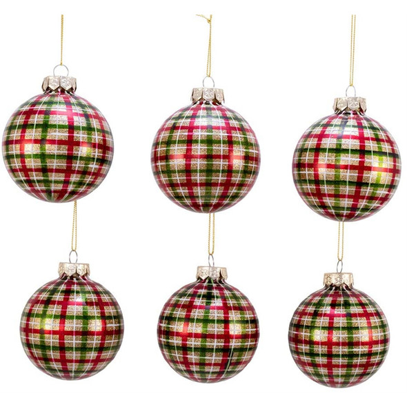 Kurt Adler Plaid Glass Ball Ornaments, 6-Piece Box, 3"