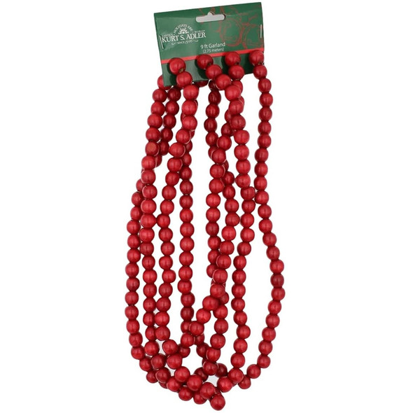 Kurt Adler Christmas Decoration, Wooden Bead Garland, Red, 9ft