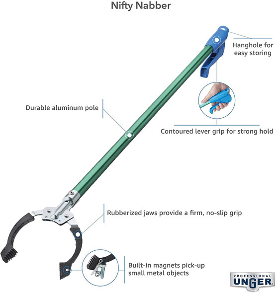 Unger Professional Nifty Nabber Reacher Grabber Tool – Built-In Magnet, 36"
