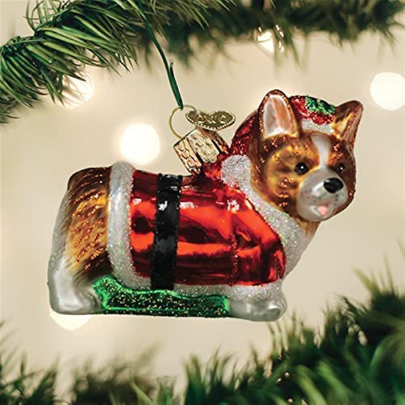 Old World Christmas Glass Blown Ornament, Holly Hat Corgi Puppy 4" (With OWC Gift Box)