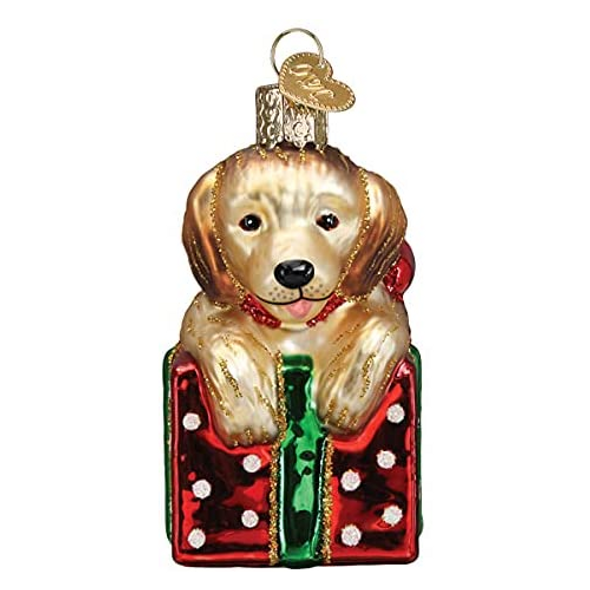 Old World Christmas Glass Blown Christmas Tree Ornament, Golden Puppy Surprise (With OWC Gift Box)