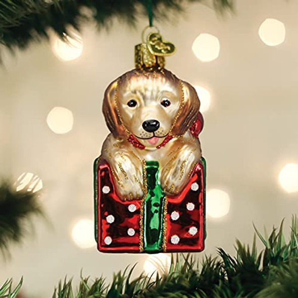 Old World Christmas Glass Golden Puppy Surprise Christmas Tree Ornament