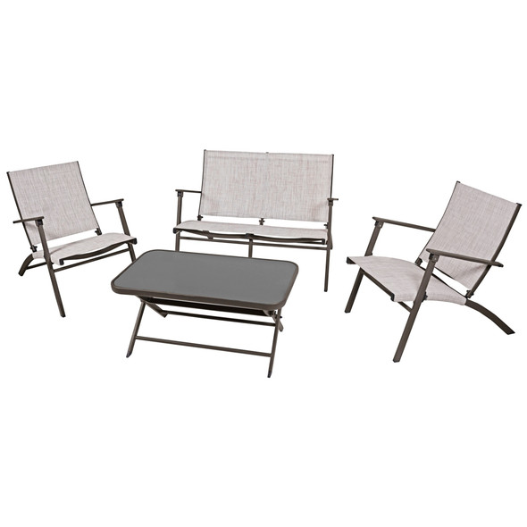 Four Seasons Novara 4-Piece Steel Folding Patio Set – Glass Table, Loveseat & 2 Chairs, Espresso