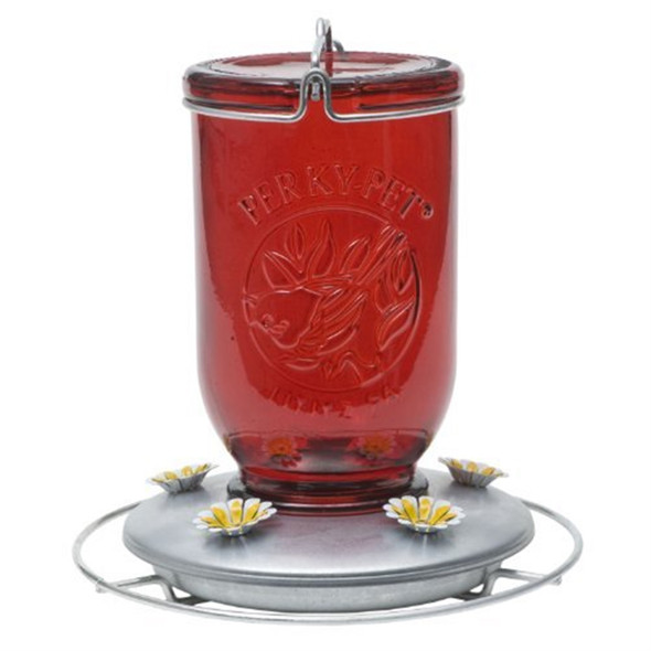Perky-Pet Glass Red Mason Jar Hummingbird Feeder, 32oz Nectar Capacity