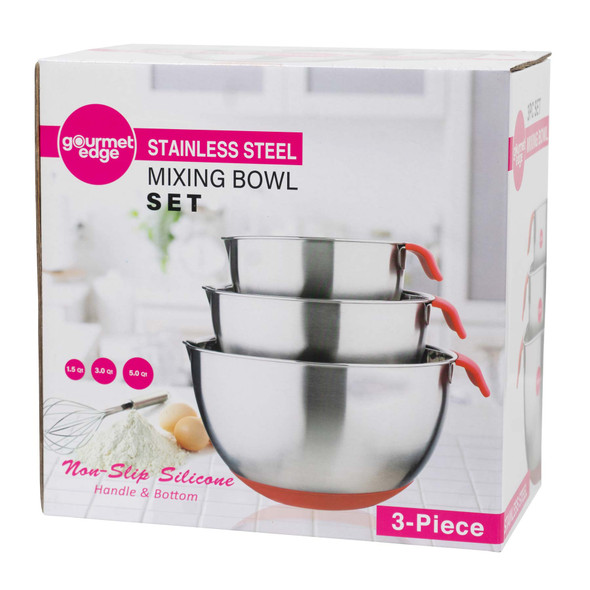 Gourmet Edge Stainless Steel Mixing Bowl Set W/ Handles For Home Kitchen (3 Piece)