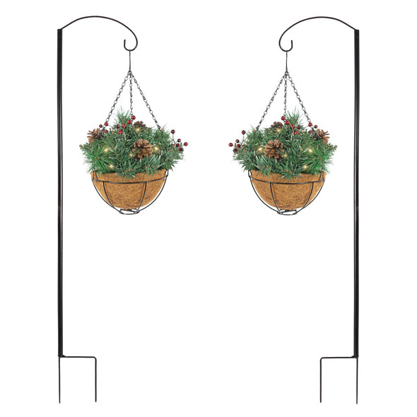 Equinox 2 Holiday Wonderland Artificial Christmas Hanging Baskets with Shepherd's Hooks (Pack of 2)