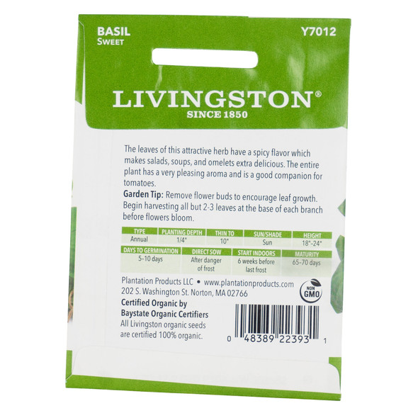 Livingston Seed Organic Sweet Basil Seeds Packet