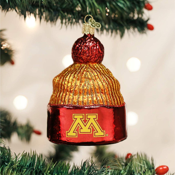 Old World Christmas Hanging Glass Ornament, University of Minnesota Beanie (With OWC Gift Box)