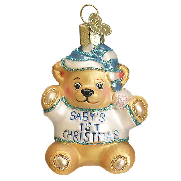 Old World Christmas Hanging Glass Tree Ornament, Baby Boy's First Teddy Bear (With OWC Gift Box)