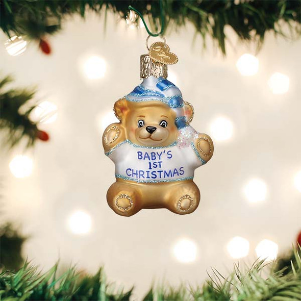 Old World Christmas Hanging Glass Tree Ornament, Baby Boy's First Teddy Bear (With OWC Gift Box)