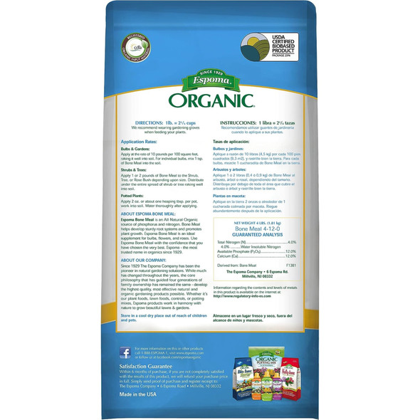Espoma Organic Bone Meal 4-12-0 All-Natural Plant Food for Blooms and Roots, 4lb