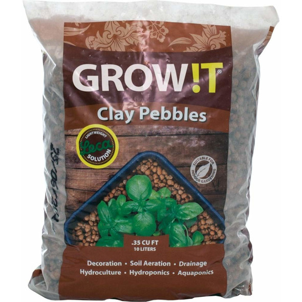 Hydrofarm GROW!T (4mm-16mm) 100% Clay Pebbles, Brown, .35 Cu Ft (10L)