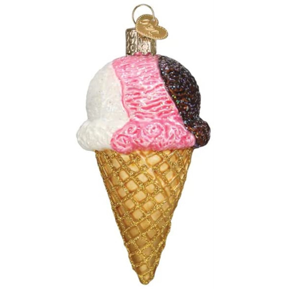 Old World Christmas Glass Blown Tree Ornament, Neapolitan Ice Cream Cone (With OWC Gift Box)