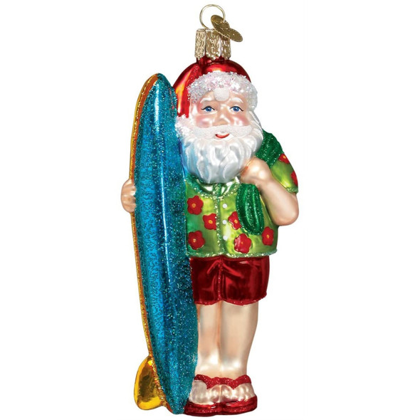 Old World Christmas Glass Blown Tree Ornament, Surfer Santa (With OWC Gift Box)