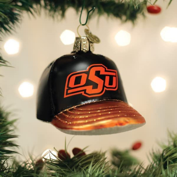 Old World Christmas Blown Glass Ornament for Christmas Tree, Oklahoma State Baseball Cap
