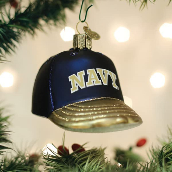 Old World Christmas Glass Blown Tree Ornament, Navy Baseball Cap Ornament