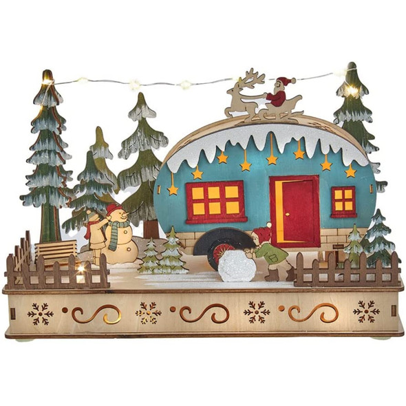 Kurt Adler Indoor Battery-Operated LED Lighted Tabletop Decoration, Wooden Camper, 7.5"