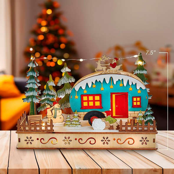 Kurt Adler Indoor Battery-Operated LED Lighted Tabletop Decoration, Wooden Camper, 7.5"