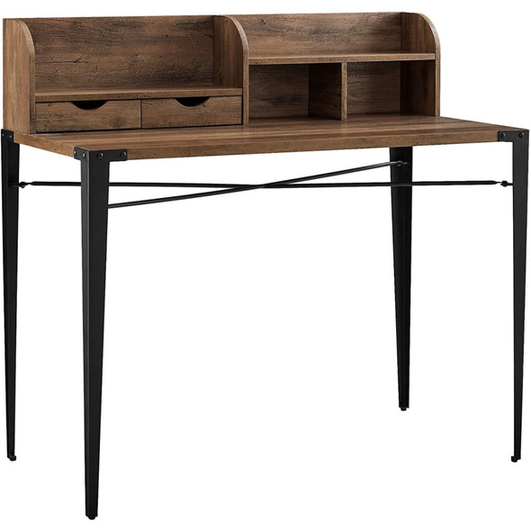 Interior Elements Industrial Modern Wooden Secretary Office Desk with Hutch - Walnut, 42"