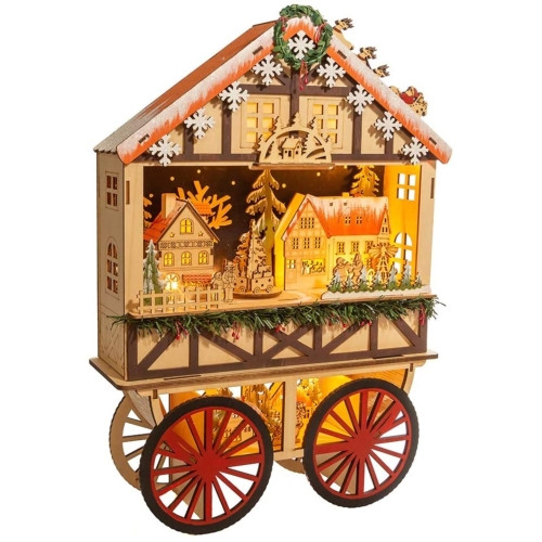 Kurt Adler Battery-Operated Wooden LED Lighted Tabletop Decoration, Wagon Village Scene, 18.9"