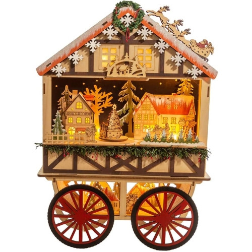 Kurt Adler Battery-Operated Wooden LED Lighted Tabletop Decoration, Wagon Village Scene, 18.9"
