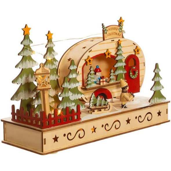 Kurt Adler Battery-Operated Wooden LED Lighted Tabletop Decoration, Camping Scene, 7"