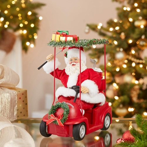 Kurt Adler Fabriche Tabletop Christmas Figurine, Santa Driving Golf Cart, 11.25"
