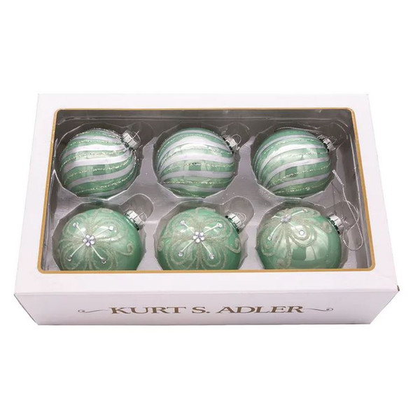 Kurt Adler Glass Ball Ornaments, Silver and Aqua, 3.15in (Pack of 6)