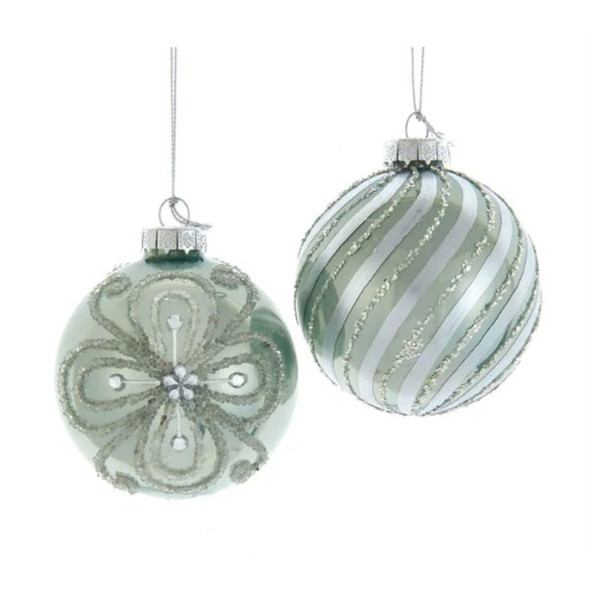 Kurt Adler Glass Ball Ornaments, Silver and Aqua, 3.15in (Pack of 6)