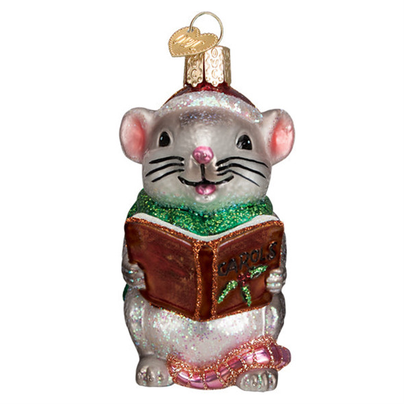 Old World Christmas Glass Blown Christmas Ornament, Grey Caroling Mouse (With OWC Gift Box)