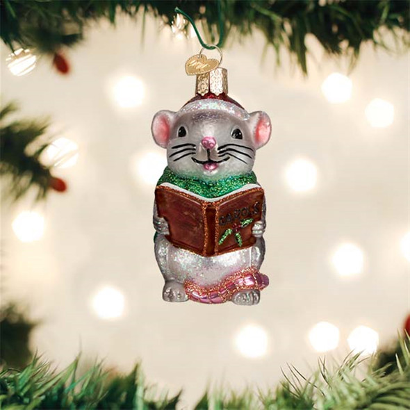 Old World Christmas Glass Blown Christmas Ornament, Grey Caroling Mouse (With OWC Gift Box)