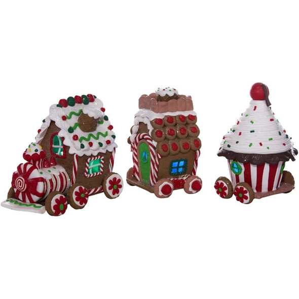 Kurt Adler Light Up Christmas Figurine, Gingerbread Train, 4.3in (Set of 3)