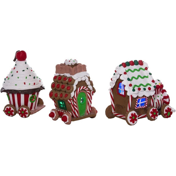 Kurt Adler Light Up Christmas Figurine, Gingerbread Train, 4.3in (Set of 3)