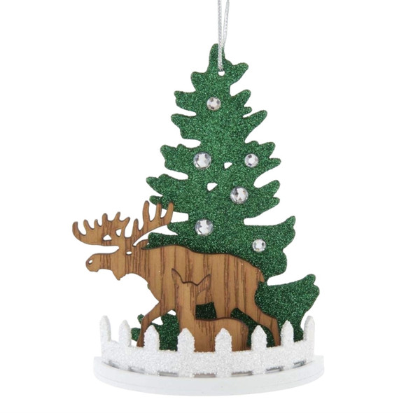 Kurt Adler Wooden Ornament for Christmas Tree, Tree with Reindeer