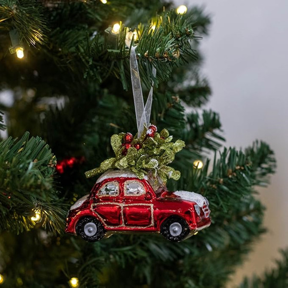 Ganz Glass Ornament for Christmas Tree, Vintage Winter Truck, Red, 4in