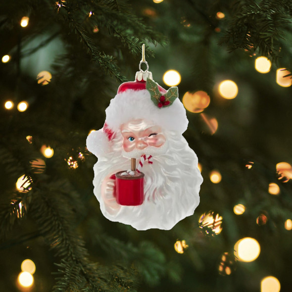 Kurt Adler Noble Gems Glass Ornament for Christmas Tree, Santa with Cocoa Mug