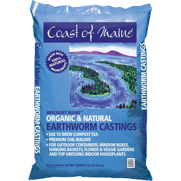 Coast of Maine Wiscasset Blend Organic and Natural Earthworm Castings, Premium Soil Builder, to Brew Compost Tea, 20qt