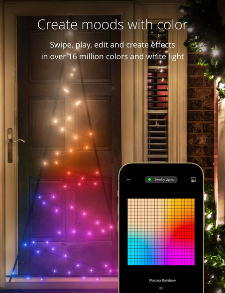 Twinkly Light Tree App Controlled Black Wire Door Mounting Christmas Tree Indoor and Outdoor Smart Home Lighting Decoration, Multicolor, 70 RGB and White LED, 6.5ft