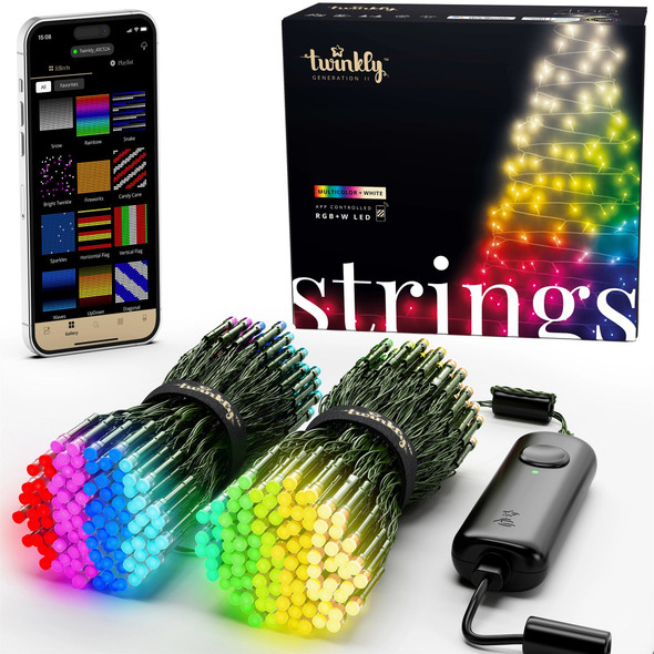 Twinkly Strings App Controlled Green Wire Christmas Light String Indoor and Outdoor Smart Home Lighting Decoration, RGB + White LED