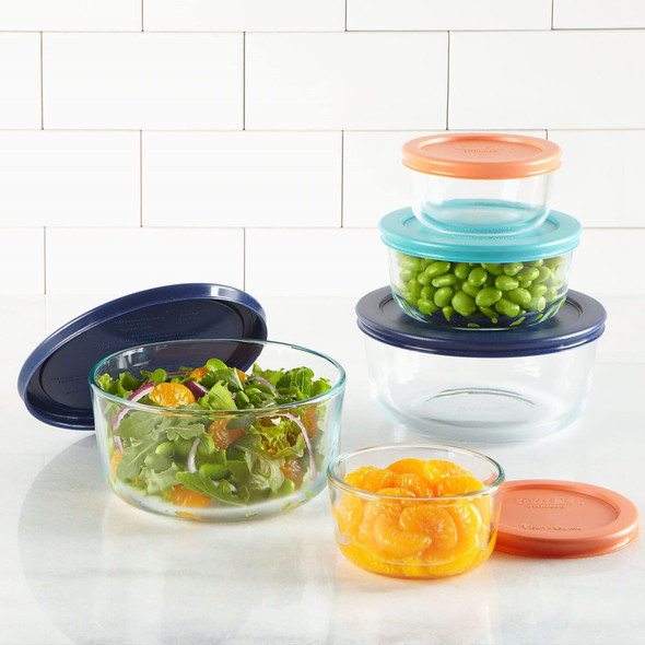 Pyrex Simply Store Various Sized Kitchen Food Glass Leftover Containers with Colored Lids, 10 Piece Set