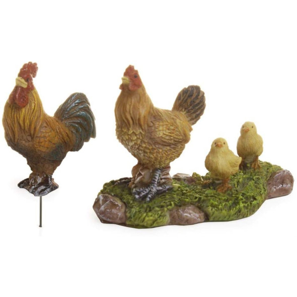 Marshall Home & Garden Fairy Garden Woodland Knoll, Rooster, With Hen & Chicks