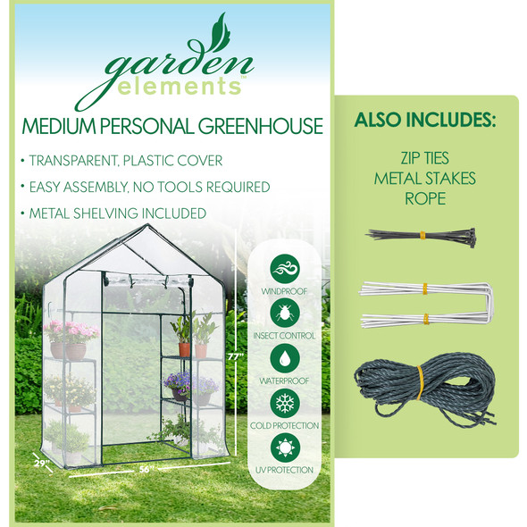Garden Elements Personal Plastic Indoor/Outdoor Standing Greenhouse For Seed Starting and Propagation, Frost Protection, Clear, Medium, 56" x 29" x 77"