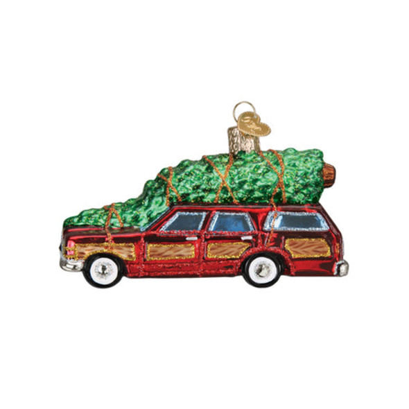 Old World Christmas Glass Blown Ornament for Christmas Tree, Station Wagon With Tree