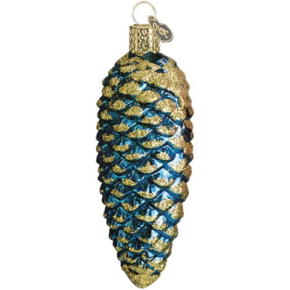 Old World Christmas Glass Blown Ornament, Shimmering Pine Cone Blue, 4" (With OWC Gift Box)