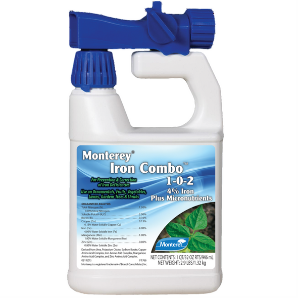 Monterey Iron Combo 1-0-2, 4% Iron Plus Micronutrients for Correcting Iron Deficiencies, RTS Hose End Connect, 32 fl oz