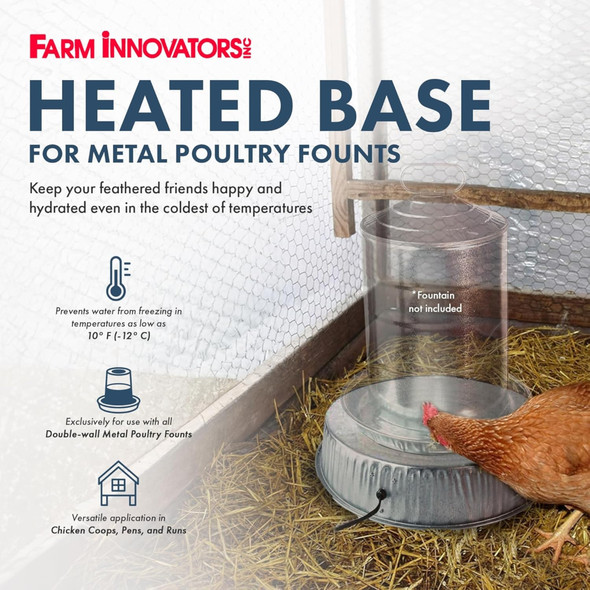 Farm Innovators Heated Base for Metal Poultry Founts – 125W Thermostatic Freeze Prevention for Coops, Pens & Runs Farm Innovators Heated Base for Metal Poultry Founts – 125W Thermostatic Freeze Prevention for Coops, Pens & Runs