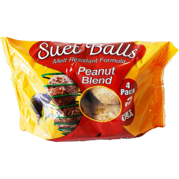 Wildlife Sciences Peanut Blend Suet Balls For Wild Birds, Melt Resistant Formula (4 Per Pack)